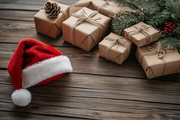 Festive Holiday Season: Traditional Christmas Decorations with Red and White Wrapped Gifts on Wooden Table