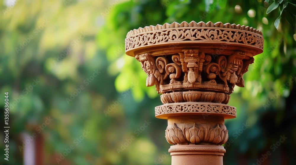 Poster a close-up view of an intricately carved auspicious pillar, placed in a peaceful setting with ample 