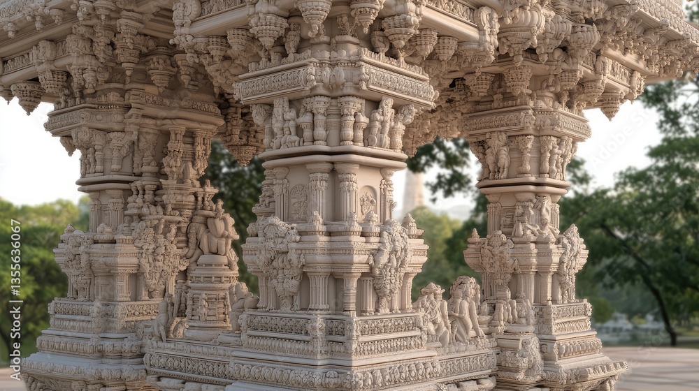 Poster a close-up view of an intricately carved auspicious pillar, placed in a peaceful setting with ample 