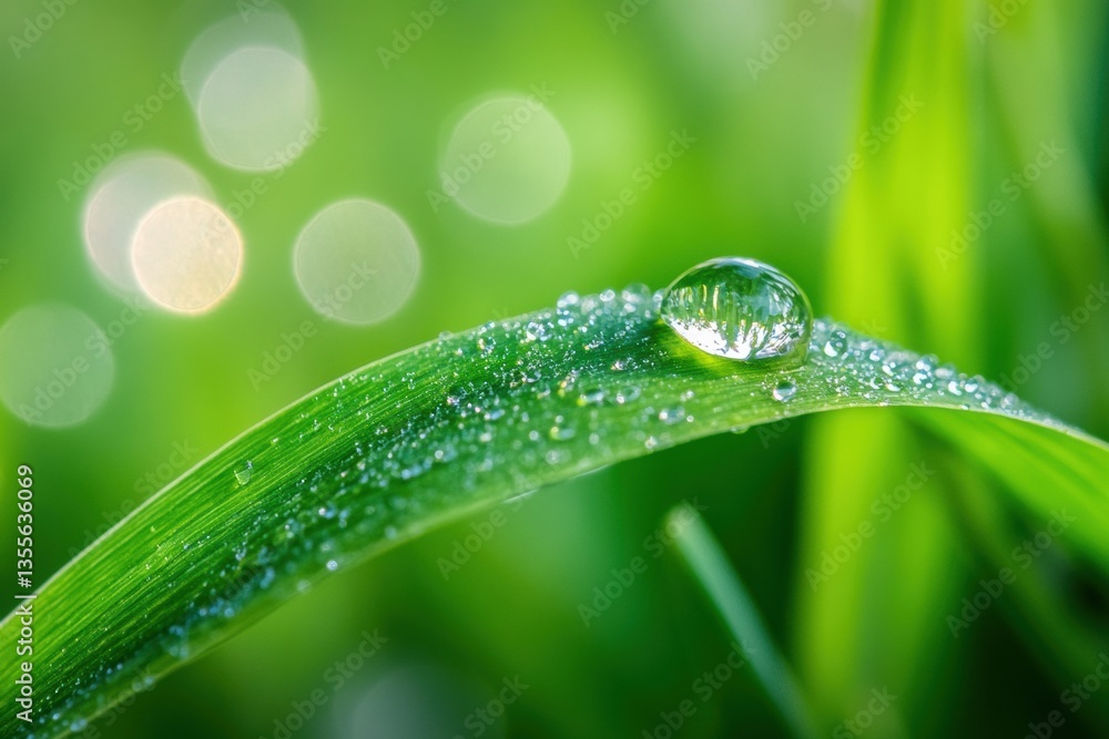 Poster close-up of a dewdrop on a green wheat leaf with reflections and soft natural lighting in a blurred 