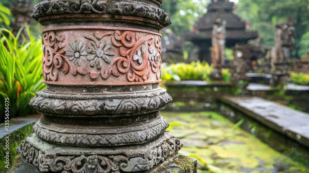 Poster a close-up view of an intricately carved auspicious pillar, placed in a peaceful setting with ample 