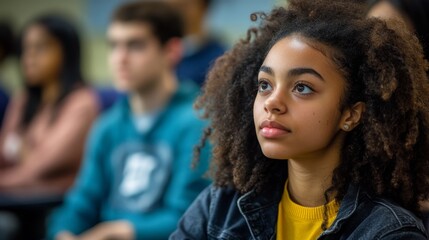 Fototapeta premium Thoughtful Young Woman Engaged in Classroom Learning with Diverse Peers in Attendance