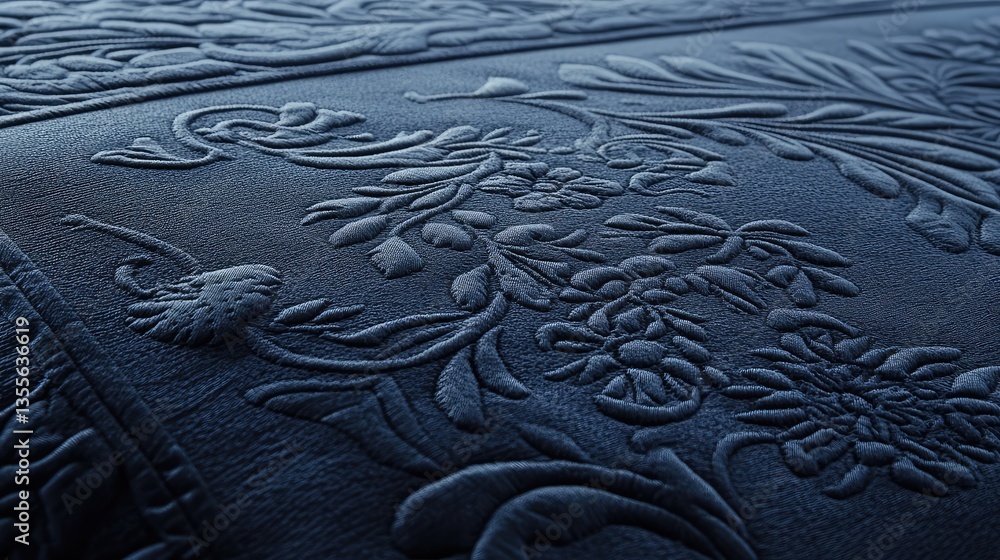 Poster a deep blue bedspread with intricate detailing, neatly arranged on a mattress with plenty of surroun