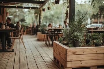 Obraz premium Outdoor cafe patio, people dining, city view, relaxed atmosphere