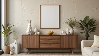 The Easter living room's interior design includes a wooden sideboard, hare sculpture, a bowl with lemon, a cube, a beige wall with stucco, a mock-up poster frame, and personal items.  Template for hom