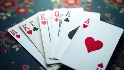 Obraz premium Playing cards arranged in a classic ace pattern , cards, background, gamble