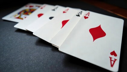 Playing cards arranged in a row showing an ace of each suit , background, abstract
