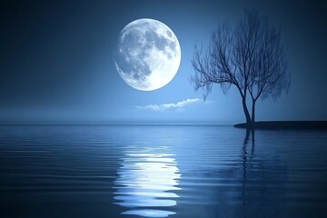 Moonlit Lake with Silhouetted Tree.