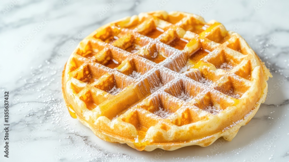 Poster a fresh waffle with a drizzle of syrup and a sprinkle of cinnamon, placed on a marble table with amp