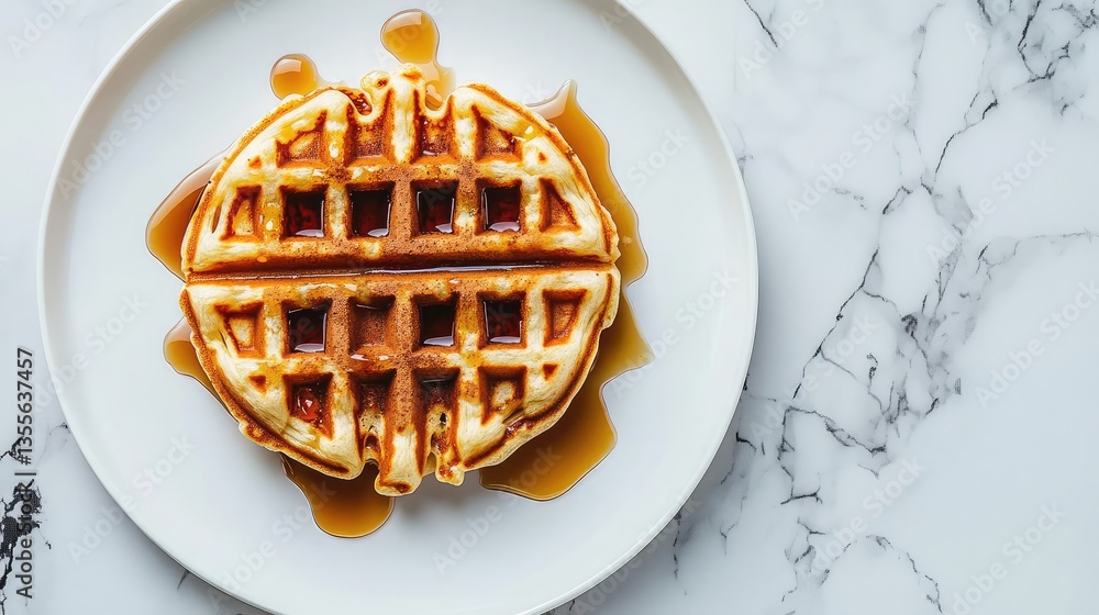 Poster a fresh waffle with a drizzle of syrup and a sprinkle of cinnamon, placed on a marble table with amp