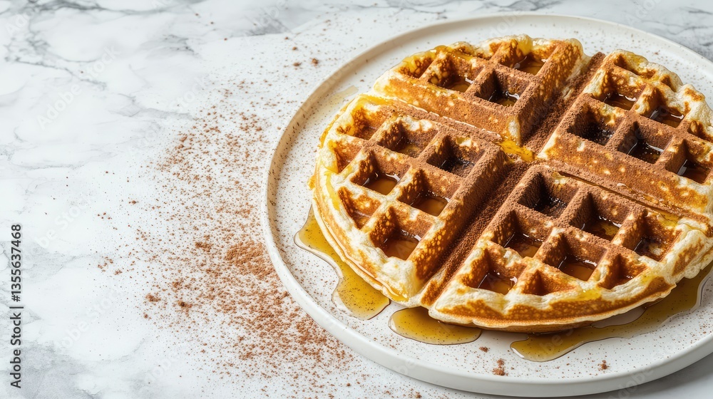 Poster a fresh waffle with a drizzle of syrup and a sprinkle of cinnamon, placed on a marble table with amp