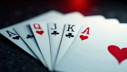 Playing cards arranged in a sequence showing an ace high pattern , straight, flush, arrangement