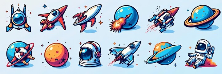 Naklejka premium Set of outline icons featuring space exploration symbols like spacecraft and astronaut, icon, spacecraft, space-themed