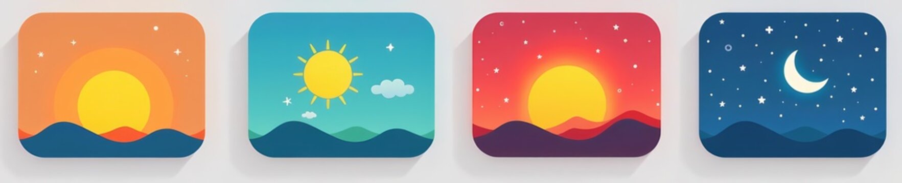 Set of minimalist icons depicting different times of the day including sunrise, noon, sunset, and midnight, hour, daytime, moon