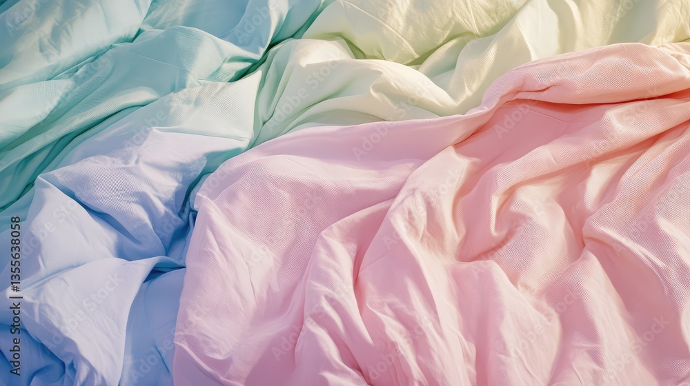 Poster a pastel-colored bedspread neatly placed on a soft mattress with matching pillows, with ample surrou