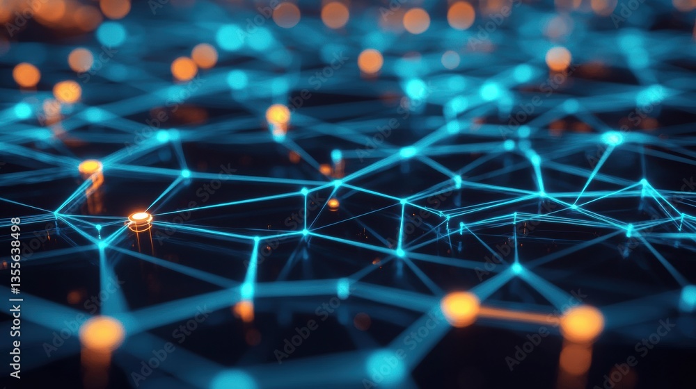 Poster High-tech blockchain concept featuring interconnected network nodes in glowing blue layered paper design Generative AI