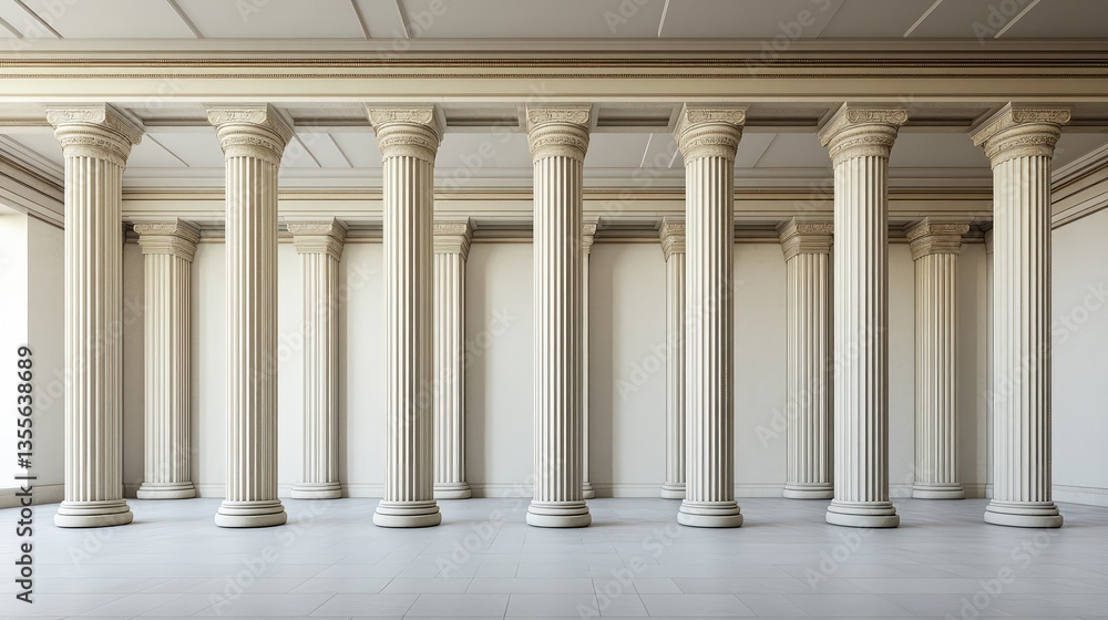 Poster a row of classical roman columns in an open space with plenty of surrounding area for branding or te
