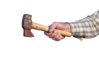 Rustic Axe In A Man Hand Isolated On Transparent Background As A Photo Demonstrating Power And Strength With Brown Steel Axe Head And Wooden Handle