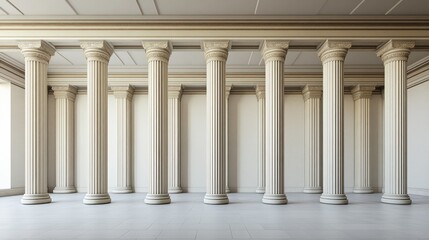 Obraz premium A row of classical Roman columns in an open space with plenty of surrounding area for branding or text.