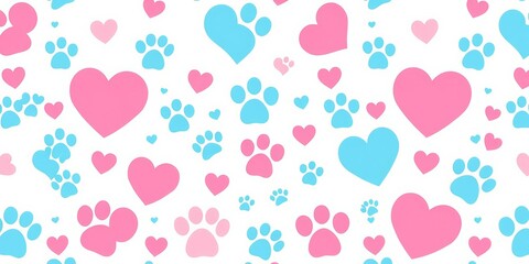 Seamless cute pink and blue hearts and paw prints pattern on white background, fabric, pink