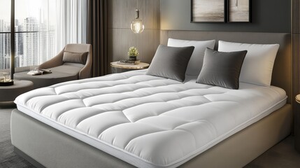 A soft mattress protector on a bed, carefully arranged to cover the mattress with smooth edges, surrounded by ample empty space.