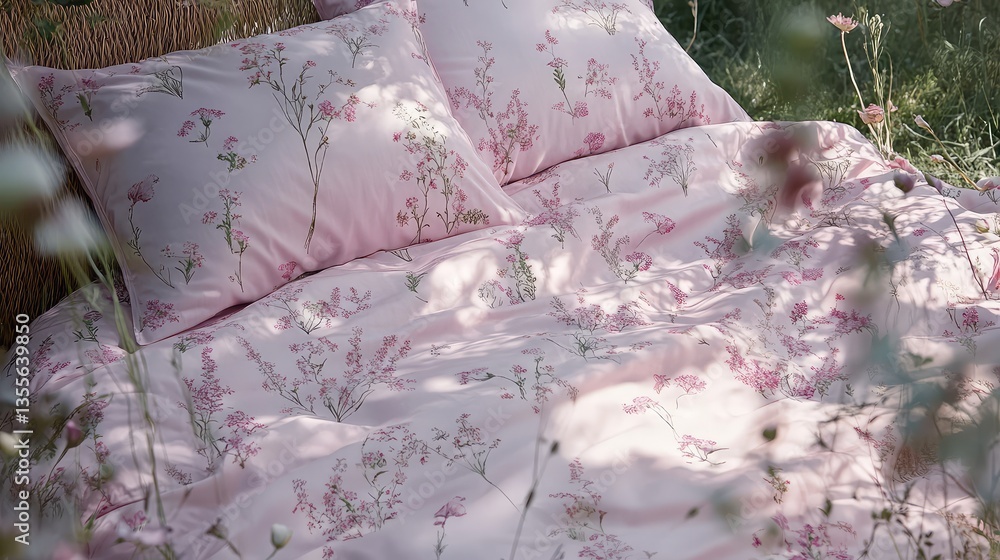 Poster a soft pink bedspread with floral patterns, placed on a mattress with matching pillows, surrounded b