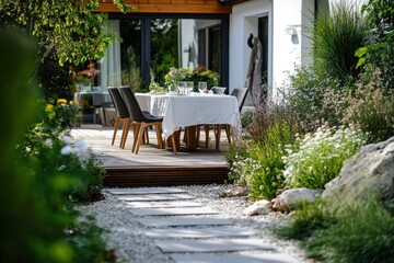 Obraz premium Outdoor dining patio, garden setting, modern home, elegant meal
