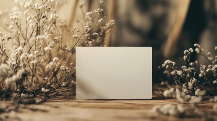 Blank business card surrounded by dried flowers on rustic wooden table
