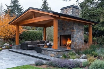 Outdoor fire pit pavilion with seating area on patio