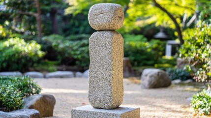 A stone pillar with auspicious motifs, standing in a quiet garden with surrounding space for branding or design.