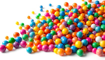 Fototapeta premium Multicolored balls spilling across a stark white background, leaving empty space, refugee, immigration