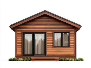 modern wooden dwelling with large windows and welcoming entrance, surrounded by greenery, perfect for cozy living