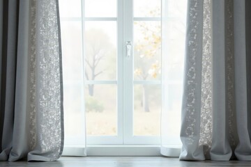 Simple, light grey linen curtains, soft folds , elegant, soft, subtle