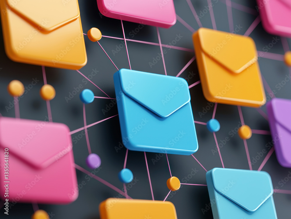 Aufkleber colorful digital envelopes connected by lines represent communication and networking. this vibrant d