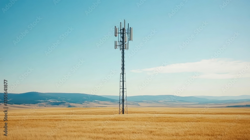 Poster a telecommunication tower positioned in a wide open field, with a clear sky above for design element