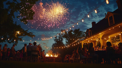 festive summer celebration featuring fireworks illuminating night sky, with guests enjoying lively outdoor gathering