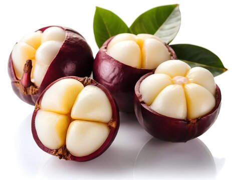 fresh peeled mangosteens with juicy white segments, sweet fruit, isolated on white background
