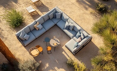 Outdoor L-shaped sectional sofa set on desert patio with lounge chairs and tables