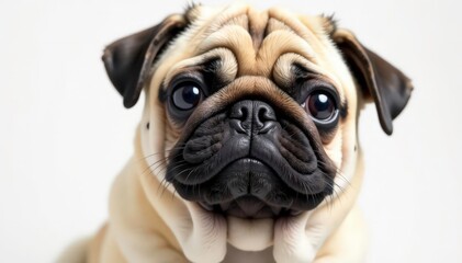 Single pug, pure white backdrop Close-up view , white, animal photo, dog photo
