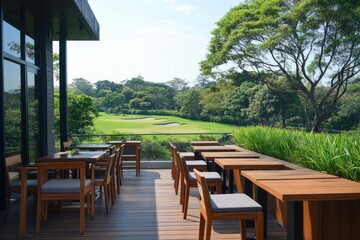 Fototapeta premium Outdoor patio cafe overlooking a golf course