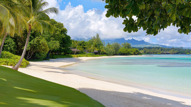 serene tropical beach with crystal clear turquoise water, soft white sand, and lush green palm trees under bright blue sky