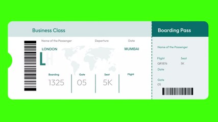  London to Mumbai Air Ticket 4k animation with plane on the route backdrop.
