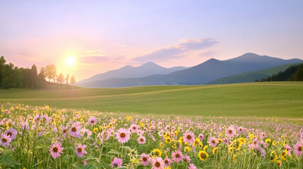 Obraz premium beautiful landscape featuring vibrant field of flowers under soft sunrise, with mountains in background