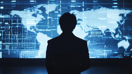 person observing digital world map on screen, immersed in data analysis and technology