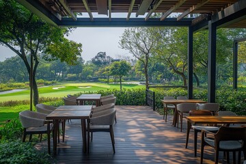 Obraz premium Outdoor patio cafe with golf course view