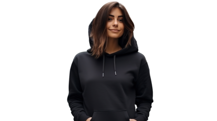 Woman Showcasing Black T-Shirt Design Template on Transparent PNG
