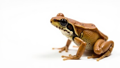 Fototapeta premium Single, speckled brown frog against white backdrop, herpetology, earthy