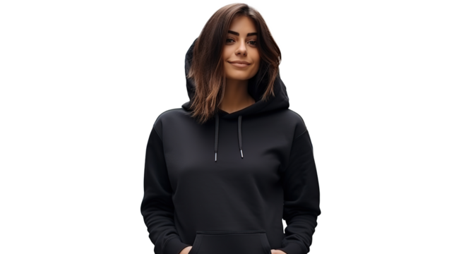 Woman Showcasing Black T-Shirt Design Template on Transparent PNG
