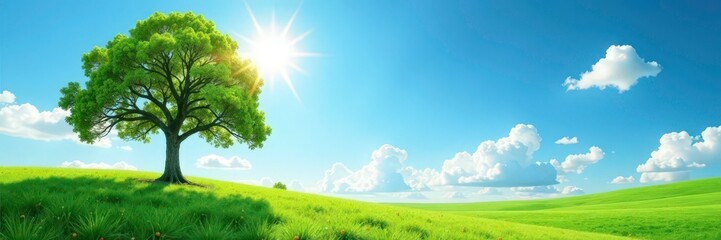 Single towering tree against a bright sunny sky, sun, sky, green