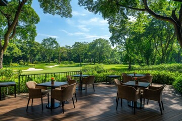 Outdoor patio dining area with golf course view